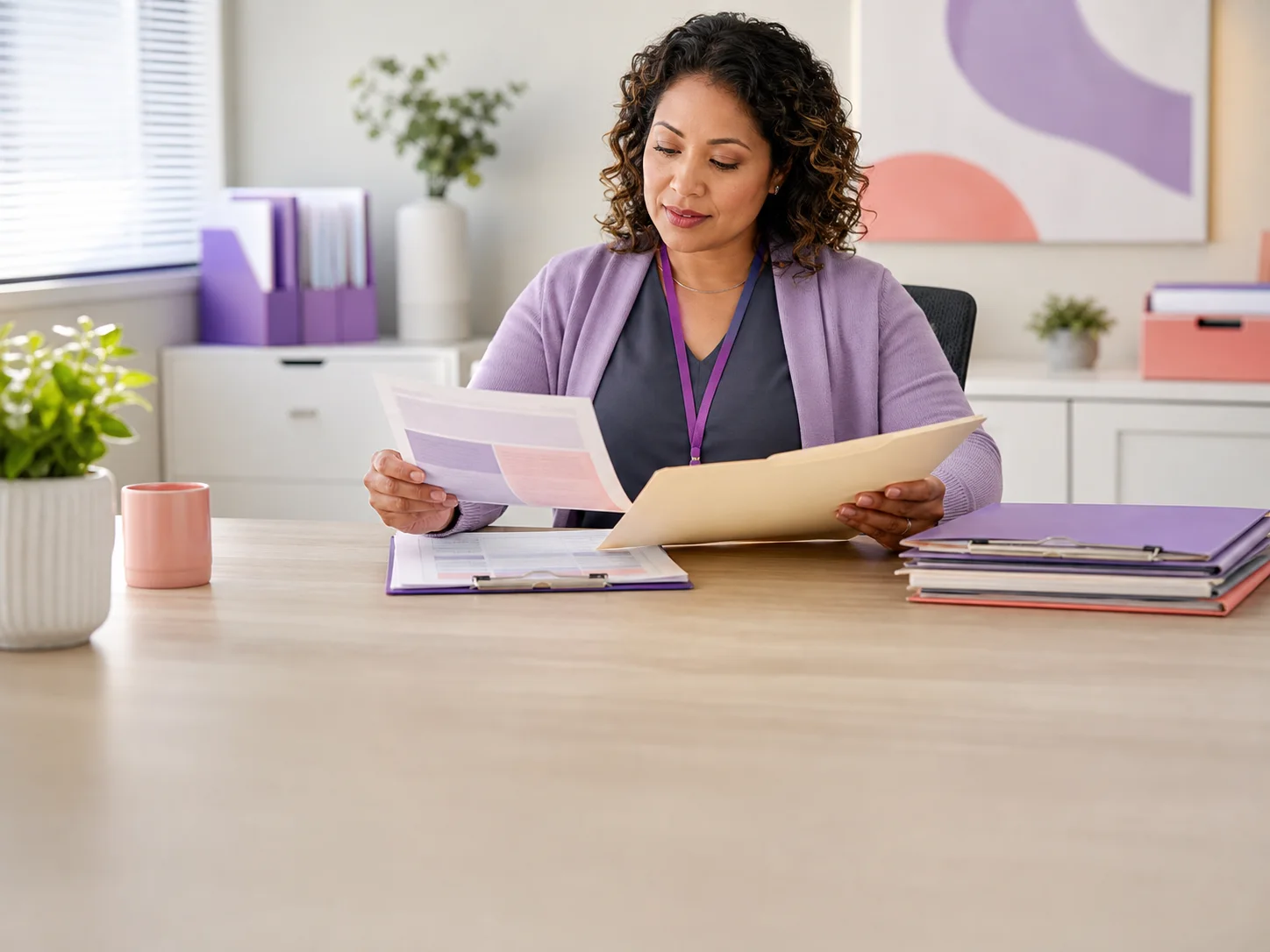 Home health intake coordinator reviewing referral documentation