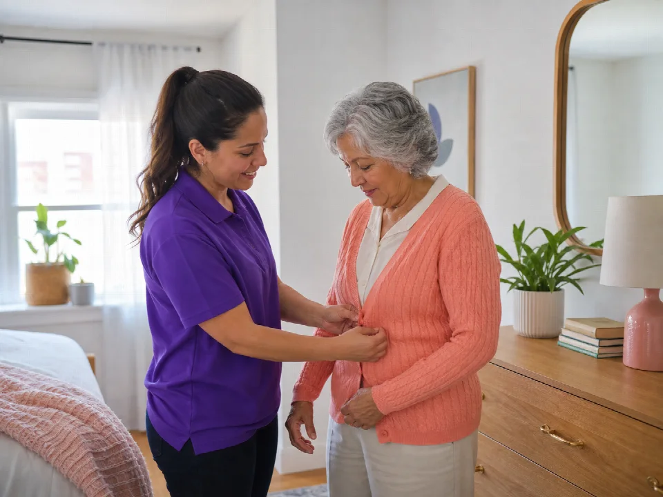 Home health aide assisting an older adult