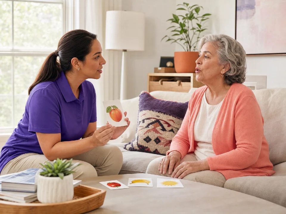 Speech therapist working with a patient at home