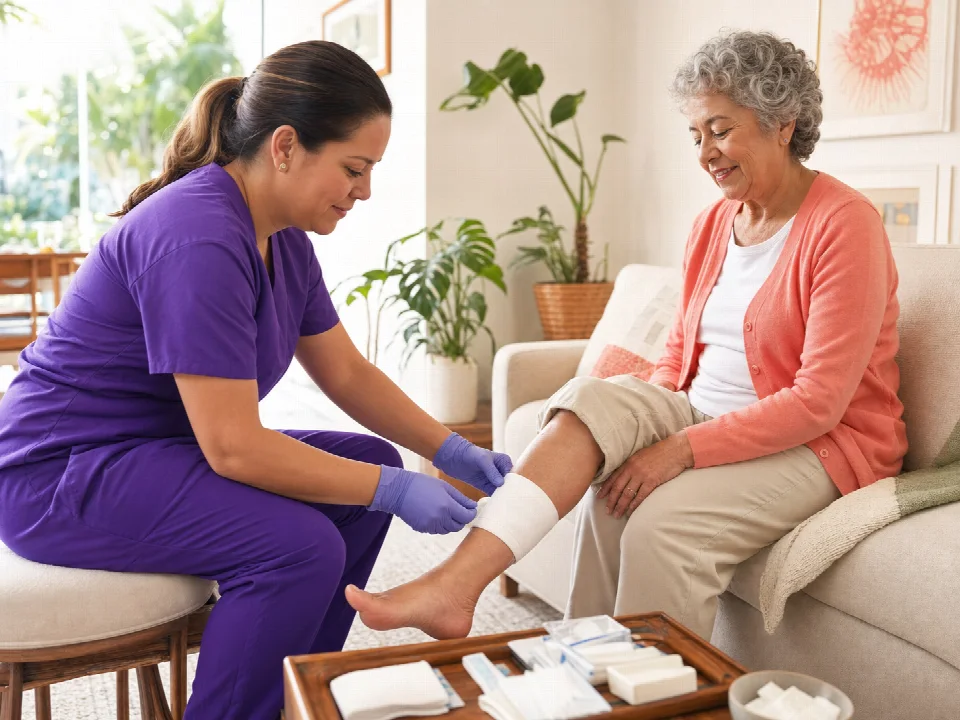 Nurse providing wound care at home