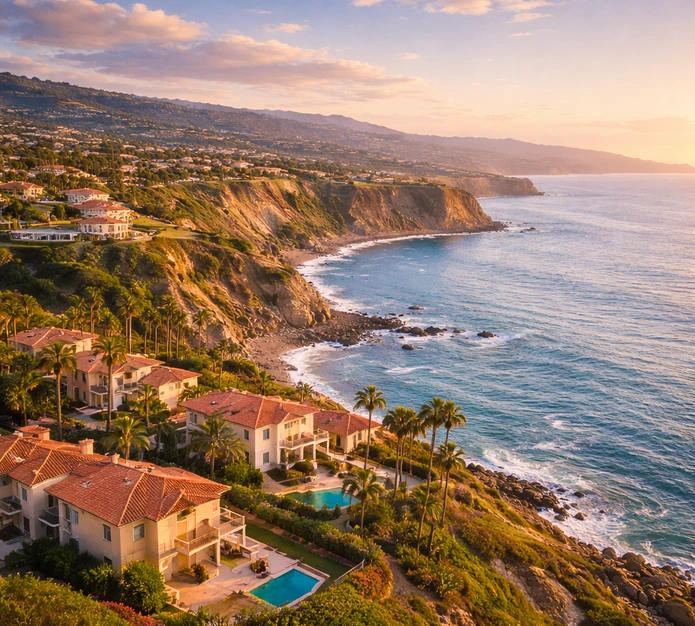 Wound Care at Home in Palos Verdes Estates — golden-hour coastal cliffs with terracotta-roof homes, palms, and wide Pacific views.