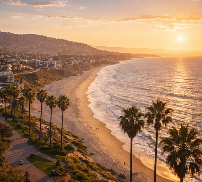 Wound Care at Home in Torrance — golden-hour coastal view with palm trees, sandy shoreline, and soft Pacific waves.